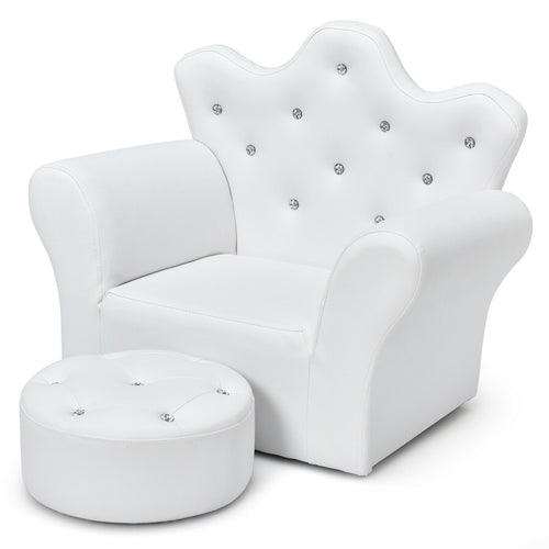 Children Upholstered Princess Sofa With Ottoman, Diamond Decoration, White