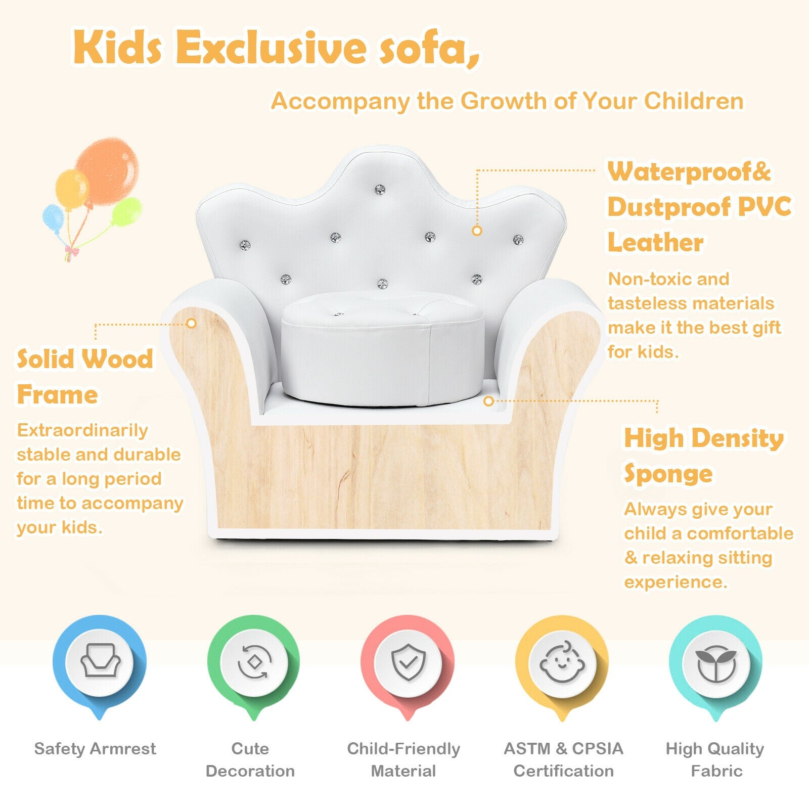 Children Upholstered Princess Sofa with Ottoman and Diamond Decoration for Boys and Girls, White Kids Chairs & Seating at Gallery Canada