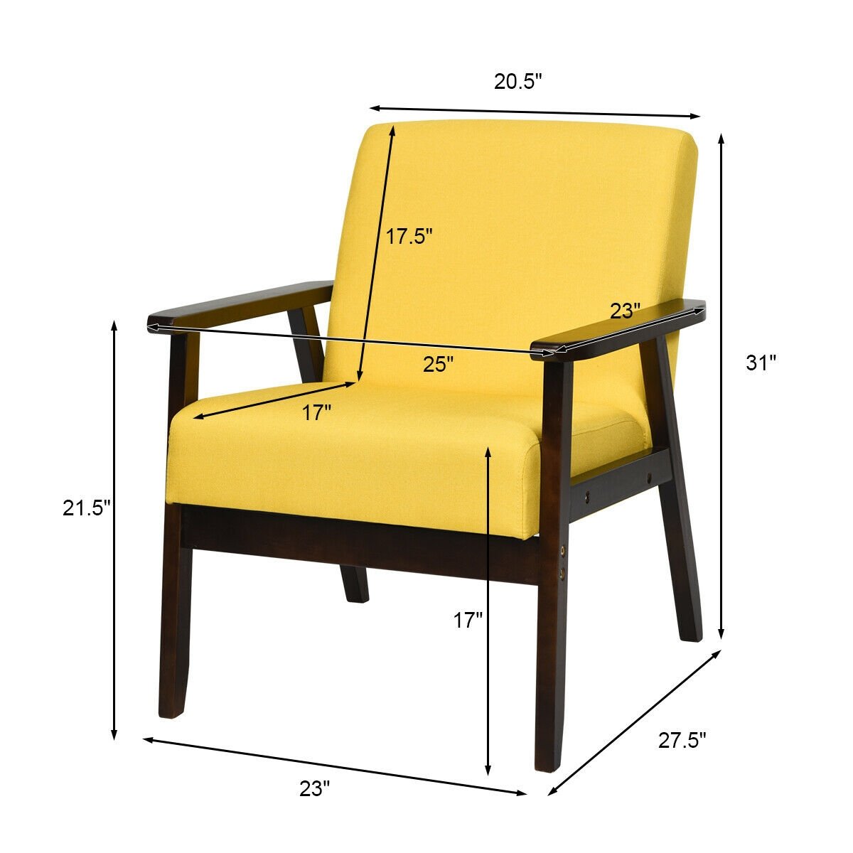 Solid Rubber Wood Fabric Accent Armchair, Yellow - Gallery Canada