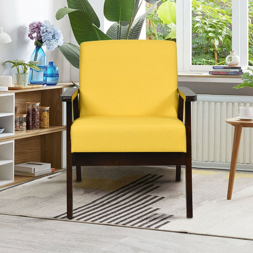 Solid Rubber Wood Fabric Accent Armchair, Yellow
