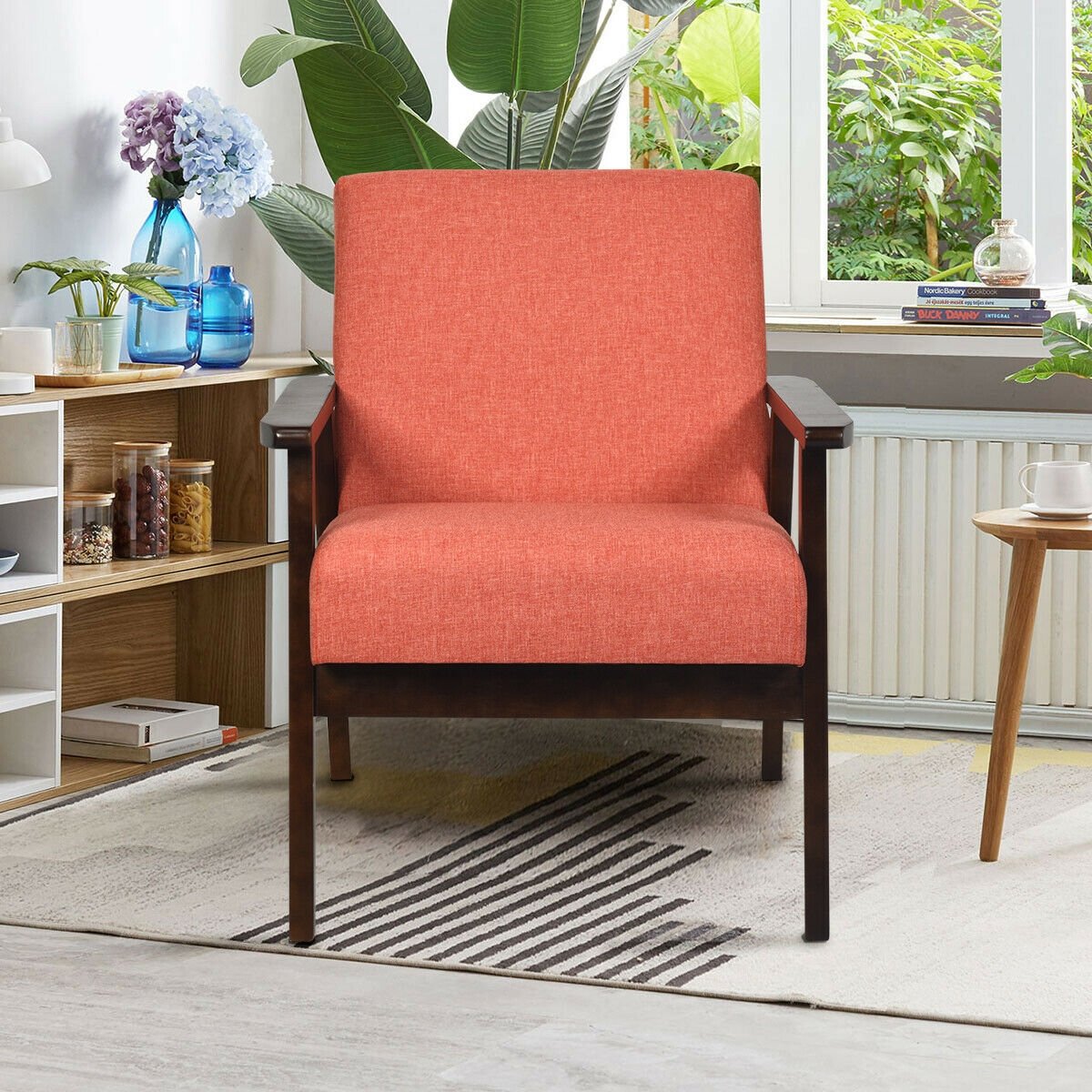 Solid Rubber Wood Fabric Accent Armchair, Orange - Gallery Canada
