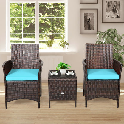 3Pcs Patio Rattan Furniture Set Cushioned Sofa and Glass Tabletop Deck, Blue Patio Conversation Sets at Gallery Canada