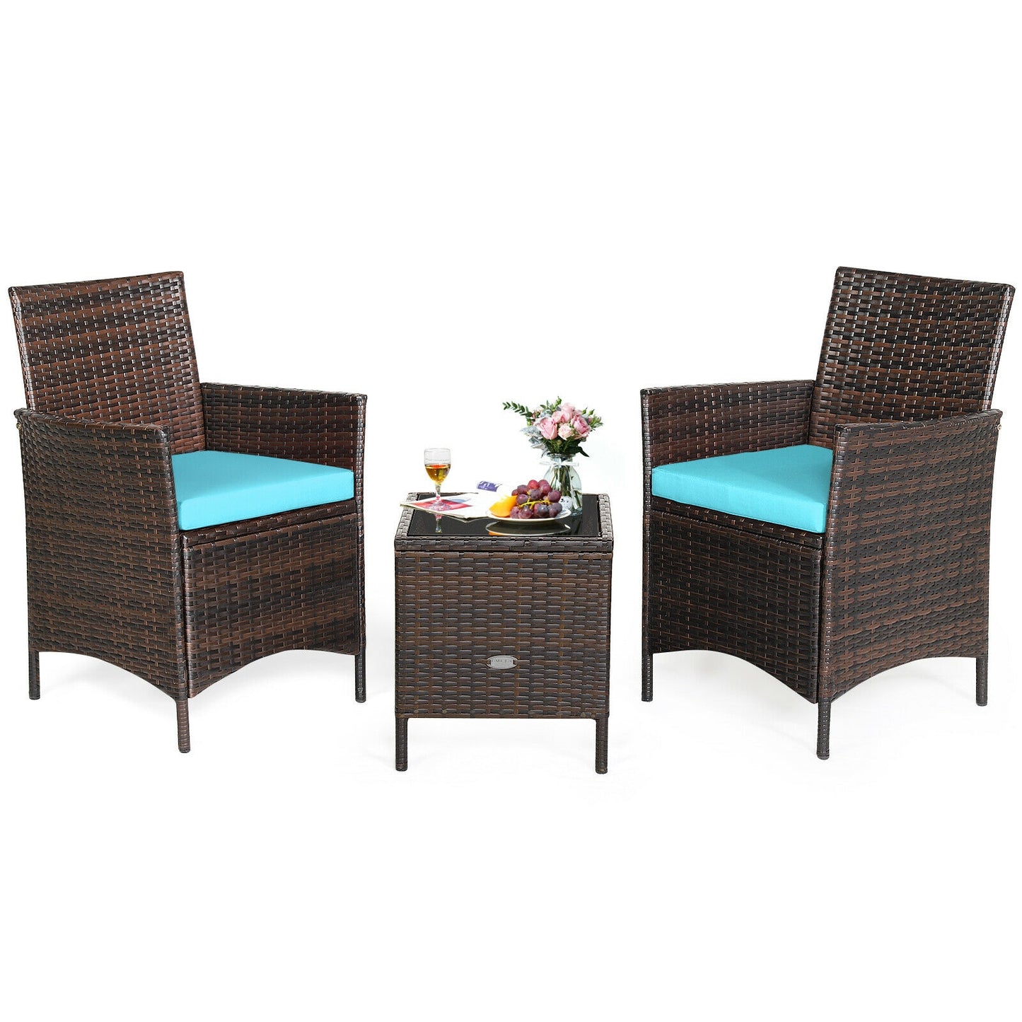 3Pcs Patio Rattan Furniture Set Cushioned Sofa and Glass Tabletop Deck, Blue Patio Conversation Sets at Gallery Canada