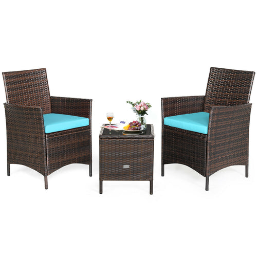 3Pcs Patio Rattan Furniture Set, Cushioned Sofa, Glass Tabletop, Blue