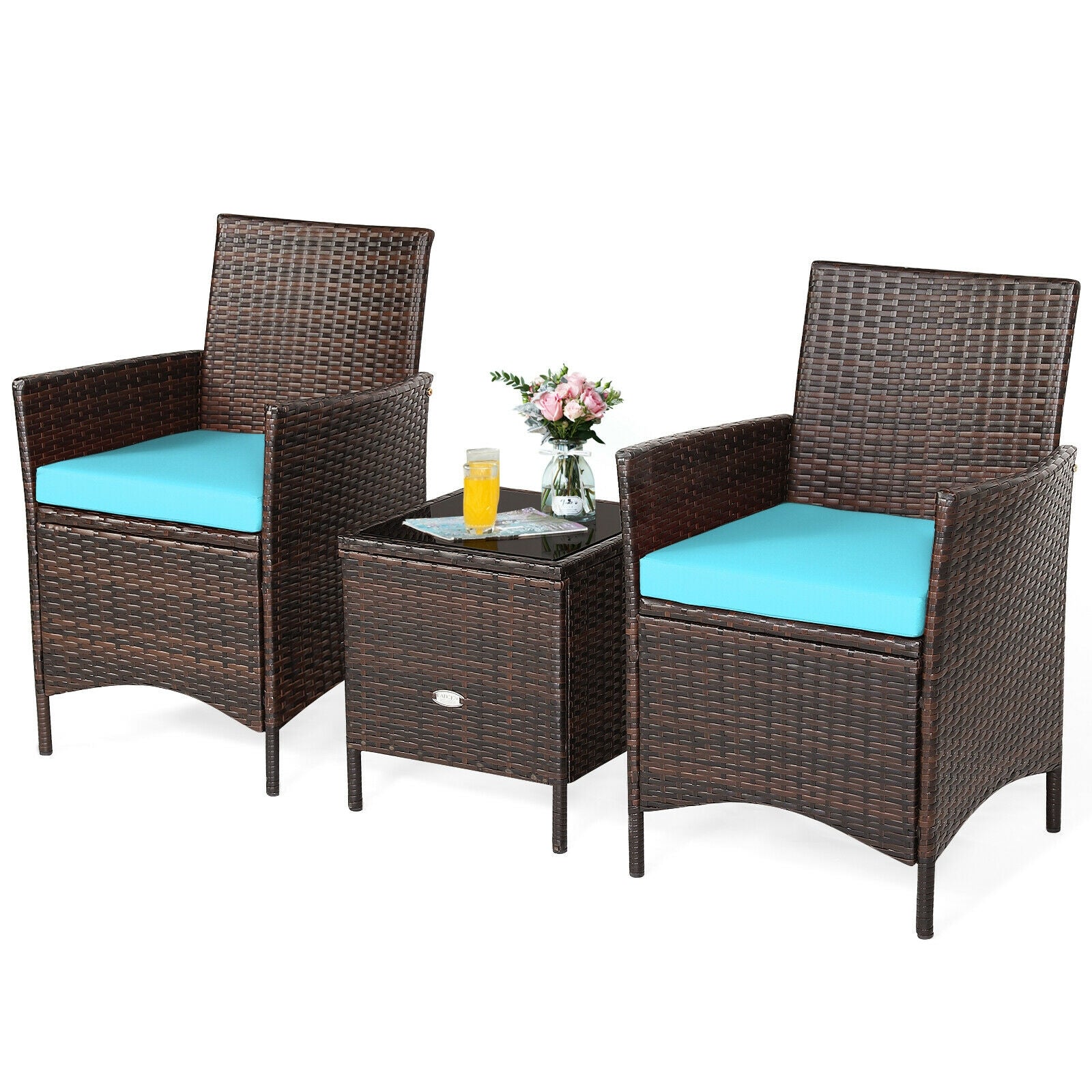 3Pcs Patio Rattan Furniture Set Cushioned Sofa and Glass Tabletop Deck, Blue Patio Conversation Sets at Gallery Canada