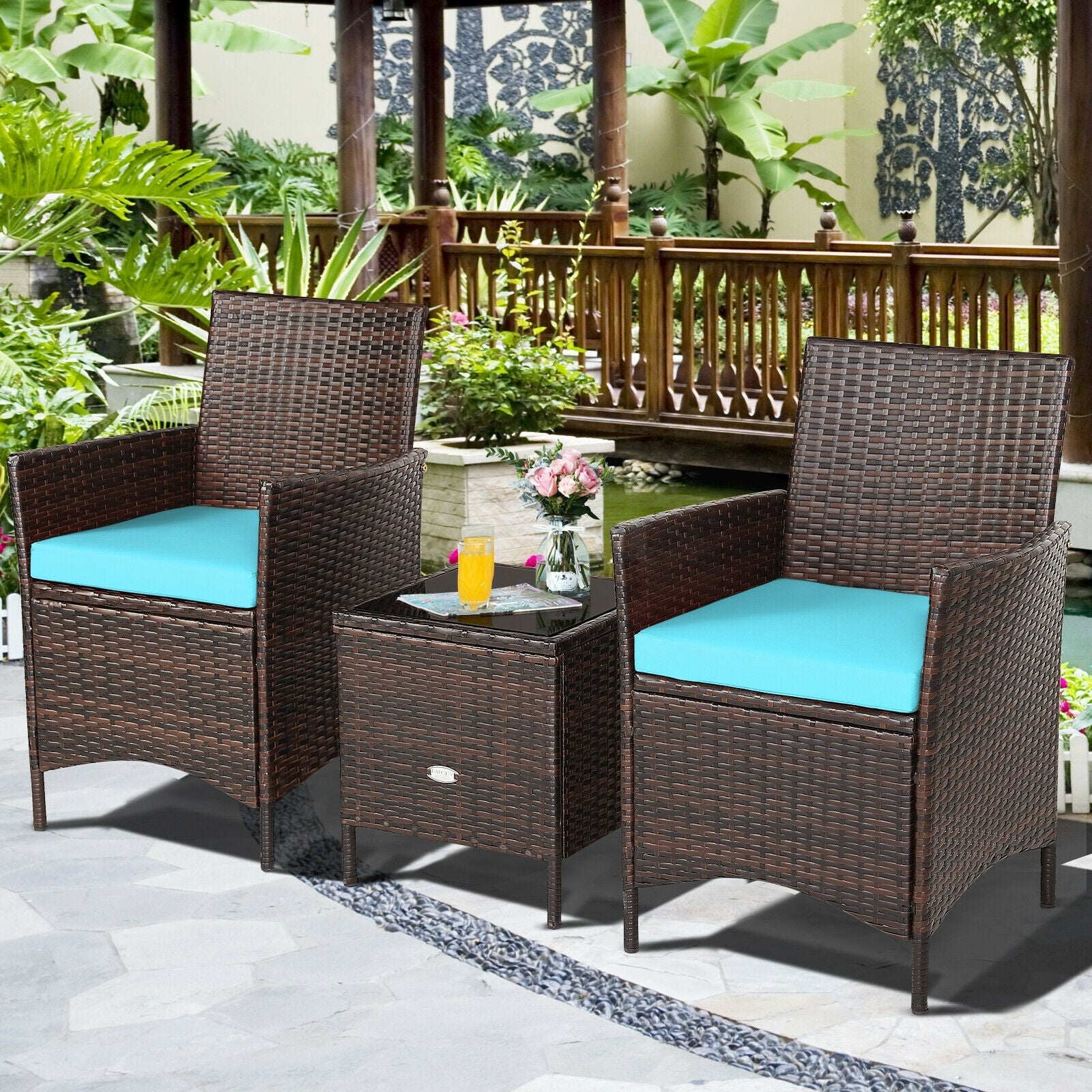 3Pcs Patio Rattan Furniture Set Cushioned Sofa and Glass Tabletop Deck, Blue Patio Conversation Sets at Gallery Canada