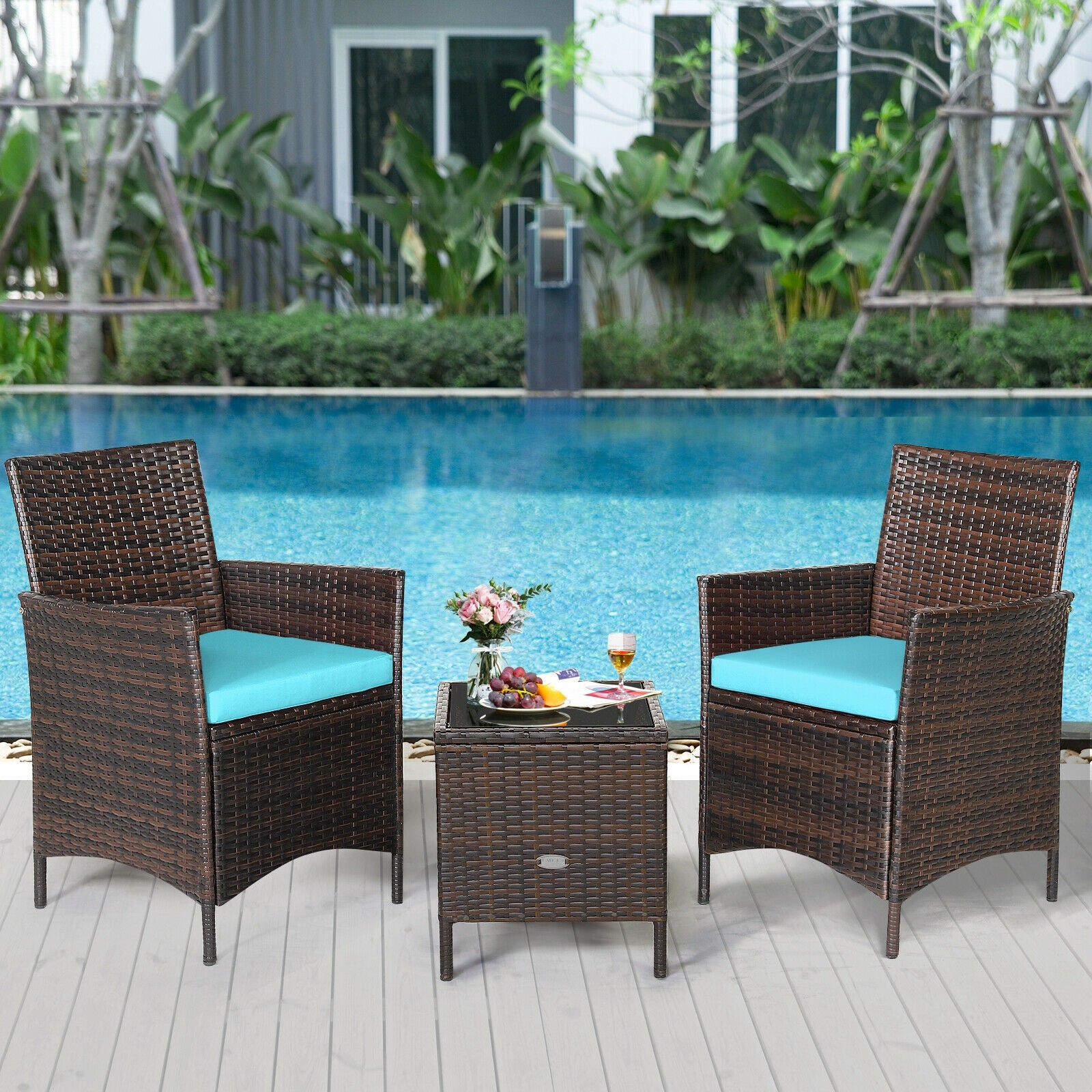 3Pcs Patio Rattan Furniture Set Cushioned Sofa and Glass Tabletop Deck, Blue Patio Conversation Sets at Gallery Canada