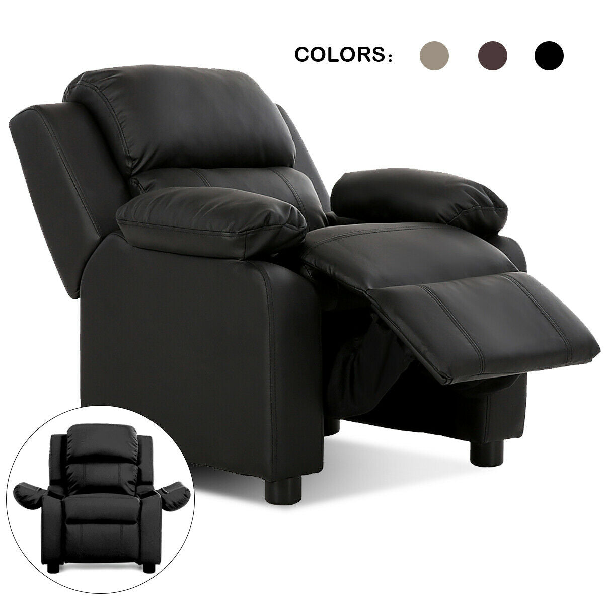 Kids Deluxe Headrest Recliner Sofa Chair with Storage Arms, Black Kids Chairs & Seating at Gallery Canada