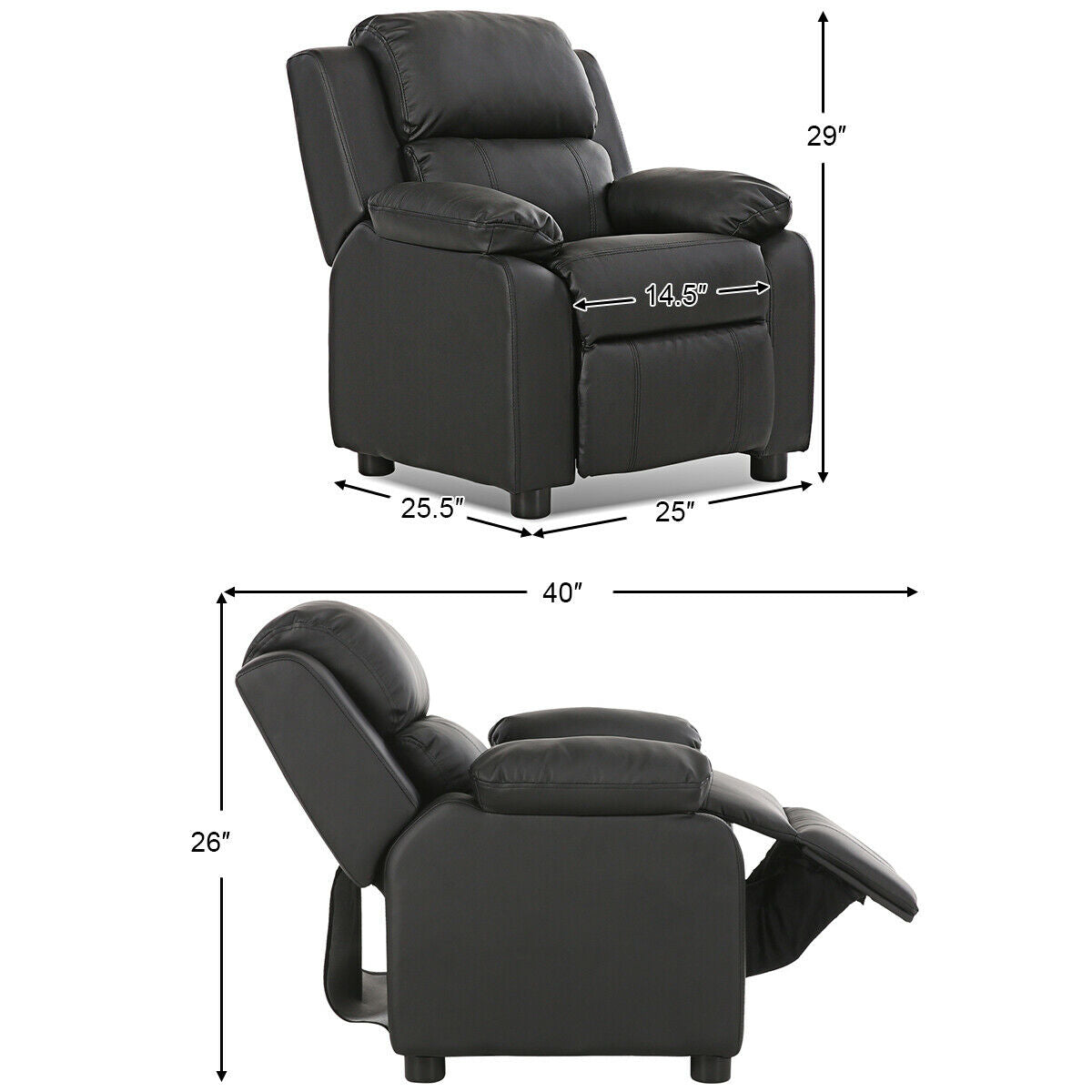 Kids Deluxe Headrest Recliner Sofa Chair with Storage Arms, Black Kids Chairs & Seating at Gallery Canada