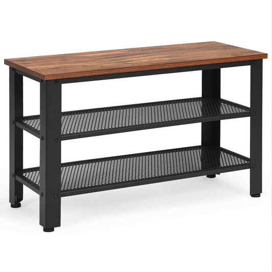3-Tier Shoe Rack Industrial Shoe Bench with Storage Shelves, Brown - Gallery Canada