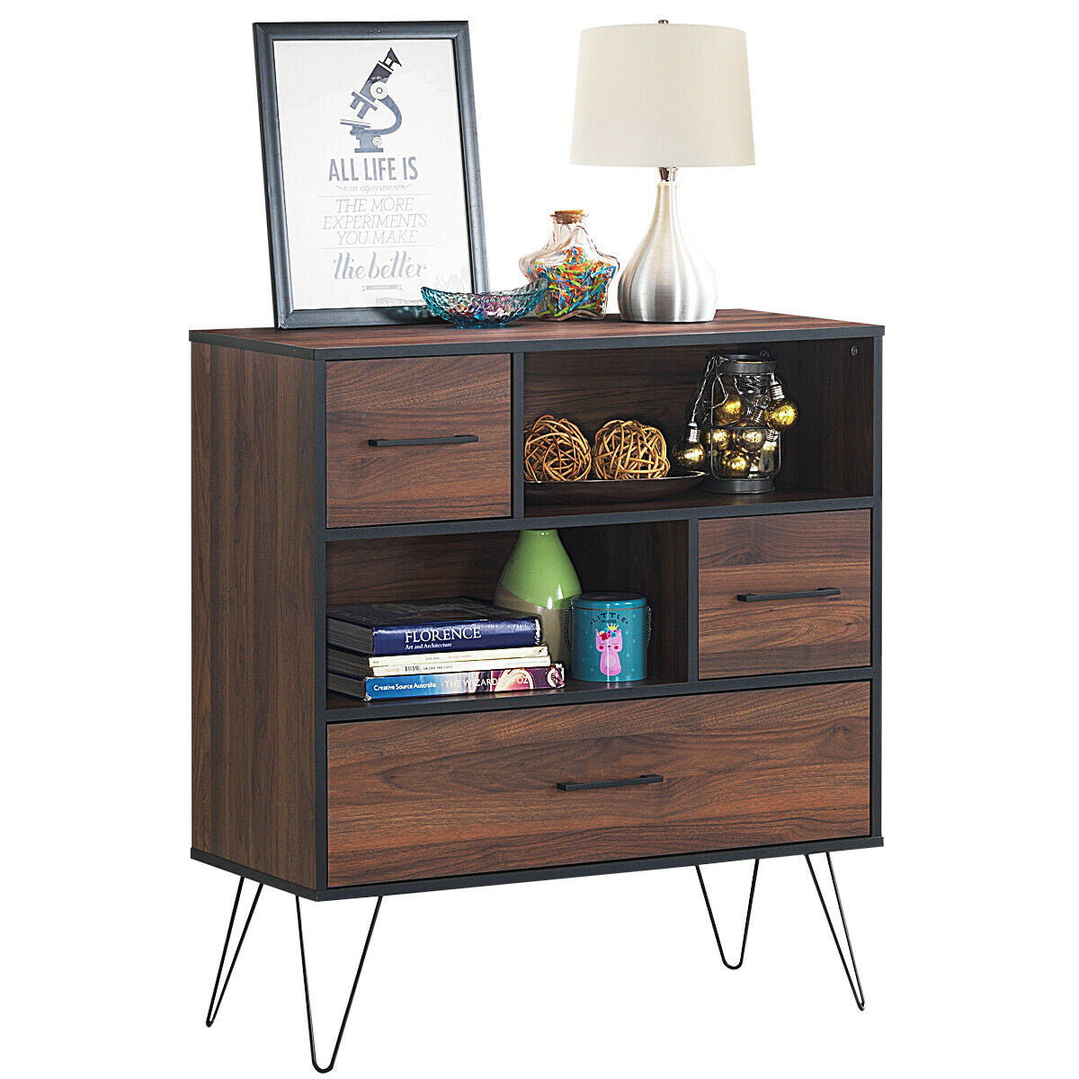 3-Tier Wood Storage Cabinet with Drawers and 4 Metal Legs, Walnut Cabinets & Chests at Gallery Canada