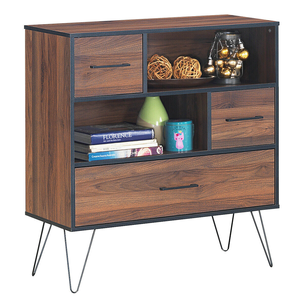 3-Tier Wood Storage Cabinet with Drawers and 4 Metal Legs, Walnut Cabinets & Chests at Gallery Canada