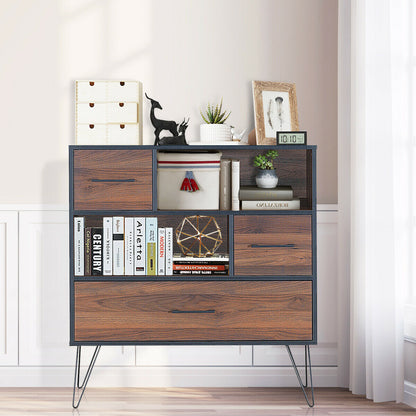 3-Tier Wood Storage Cabinet with Drawers and 4 Metal Legs, Walnut Cabinets & Chests at Gallery Canada