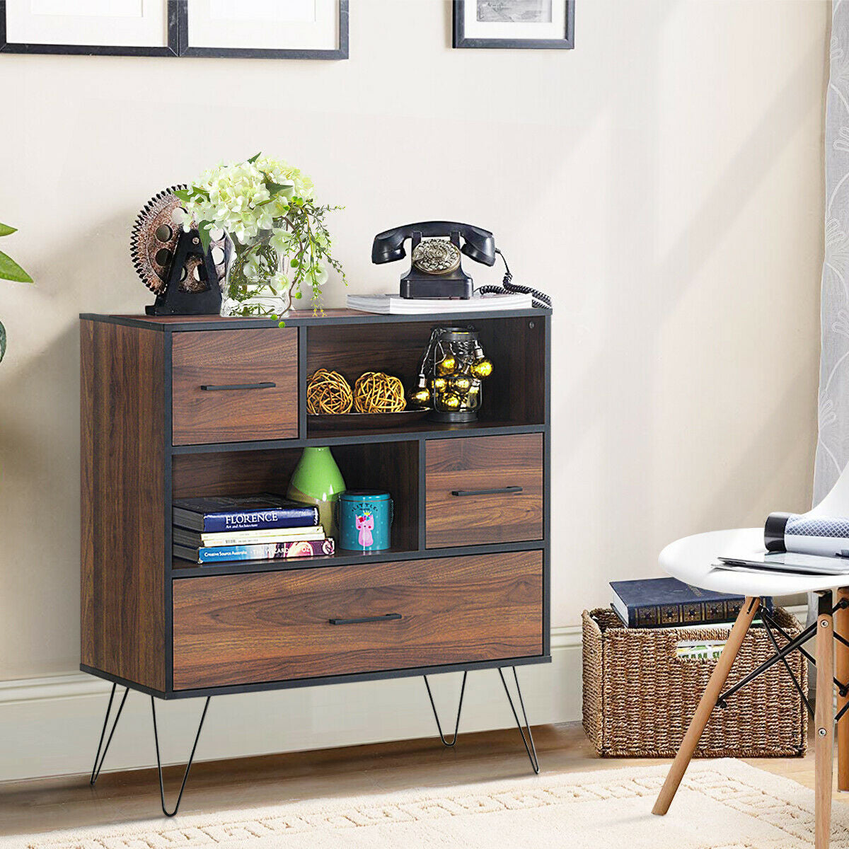 3-Tier Wood Storage Cabinet with Drawers and 4 Metal Legs, Walnut Cabinets & Chests at Gallery Canada