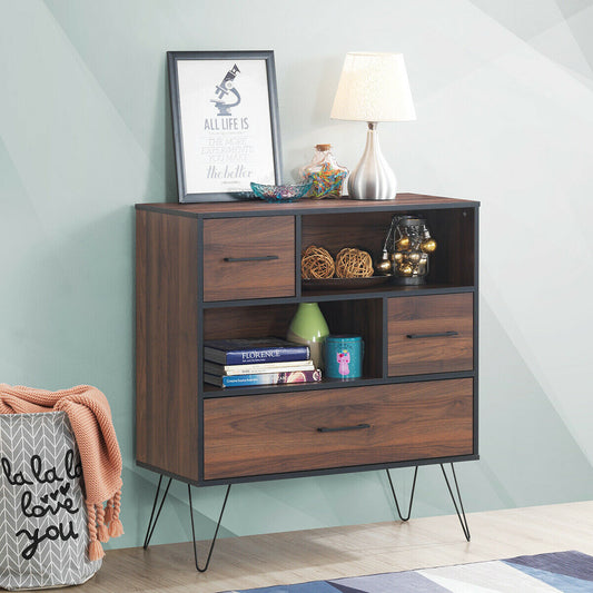 3-Tier Wood Storage Cabinet with Drawers and 4 Metal Legs, Walnut Cabinets & Chests Walnut at Gallery Canada
