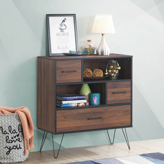 3-Tier Wood Storage Cabinet with Drawers and 4 Metal Legs, Walnut - Gallery Canada