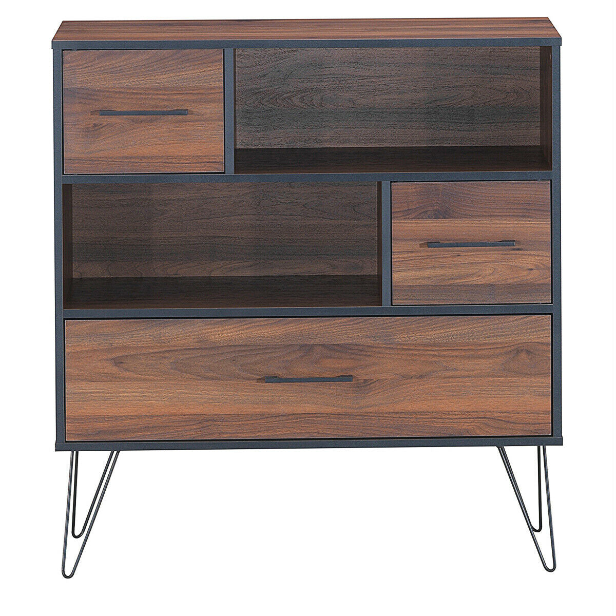 3-Tier Wood Storage Cabinet with Drawers and 4 Metal Legs, Walnut Cabinets & Chests at Gallery Canada