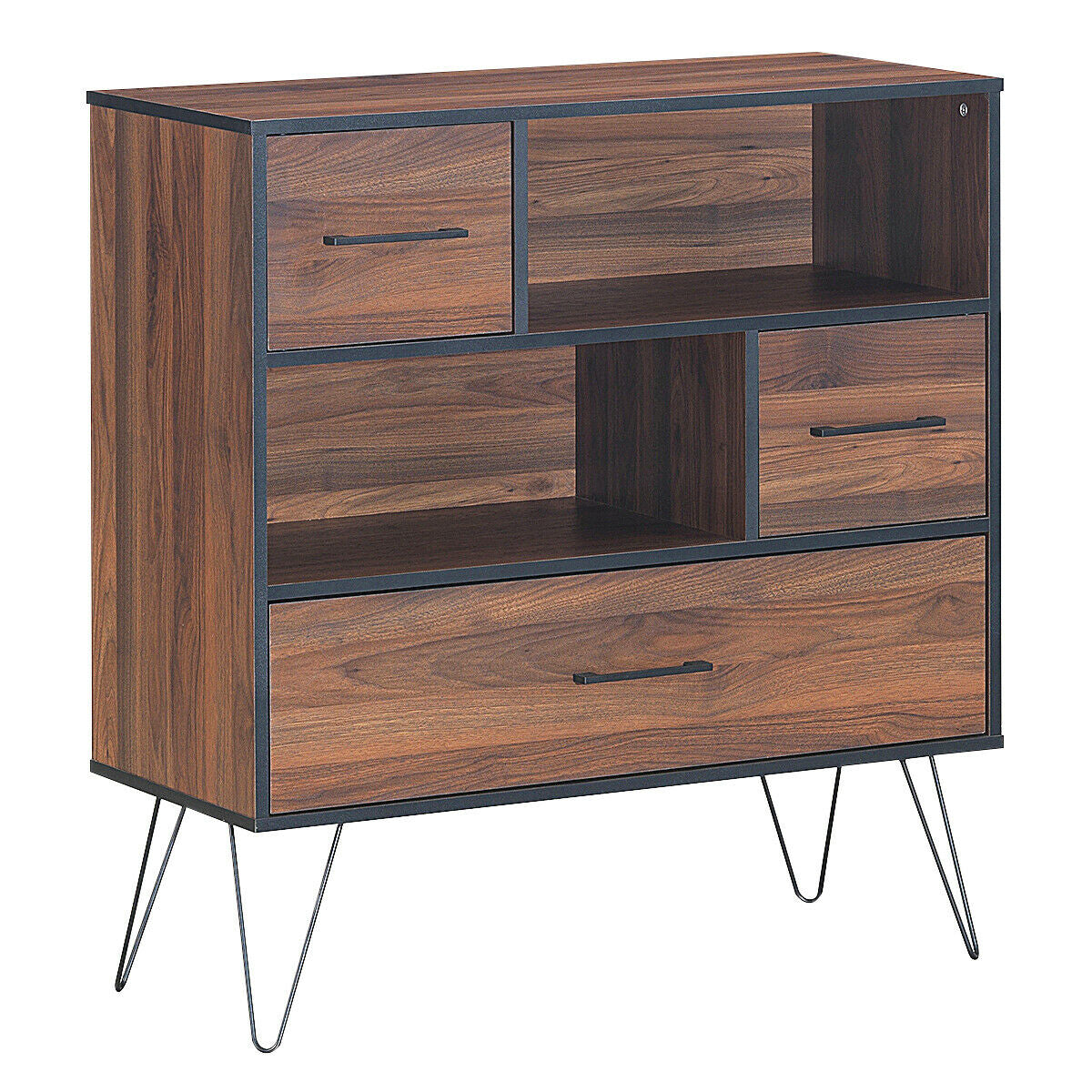 3-Tier Wood Storage Cabinet, With Drawers And 4 Metal Legs, Walnut Cabinets & Chests Walnut at Gallery Canada