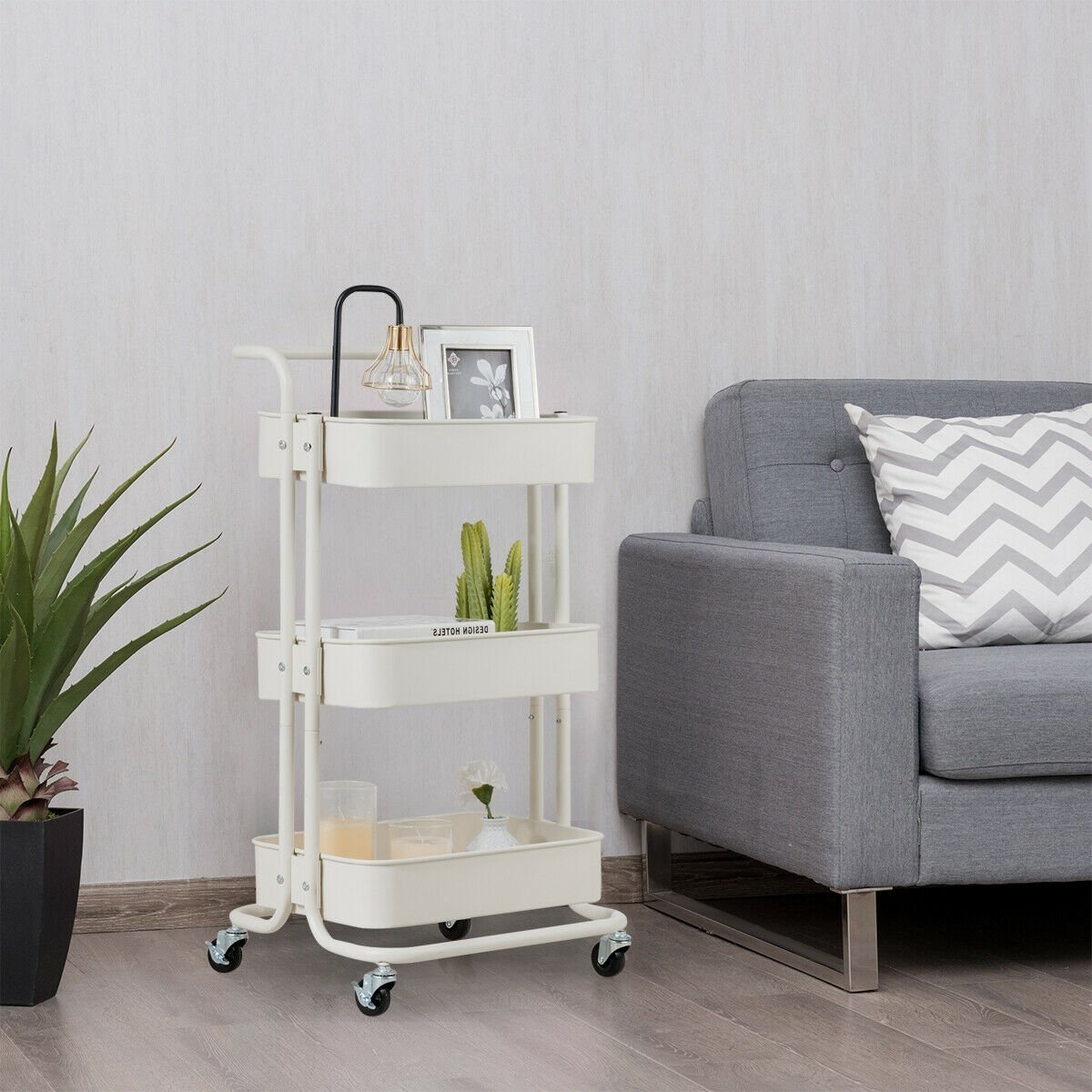 3-Tier Metal Rolling Storage Cart Trolley 2 Brakes with Handle, White at Gallery Canada