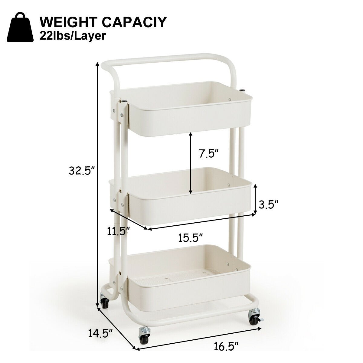 3-Tier Metal Rolling Storage Cart Trolley 2 Brakes with Handle, White at Gallery Canada