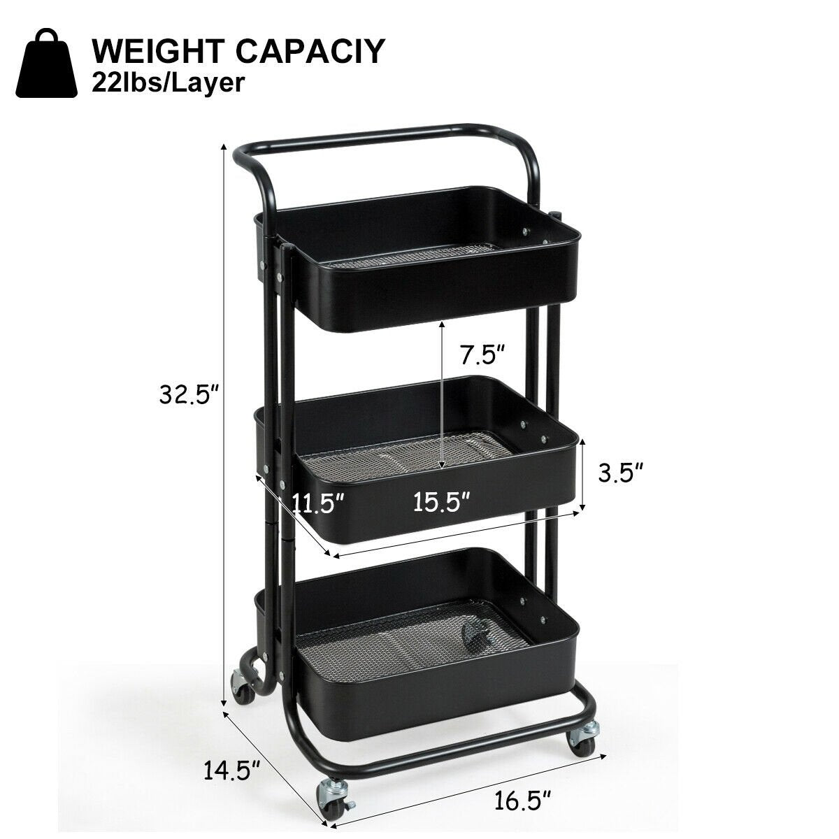 3-Tier Metal Rolling Storage Cart Trolley 2 Brakes with Handle, Black at Gallery Canada
