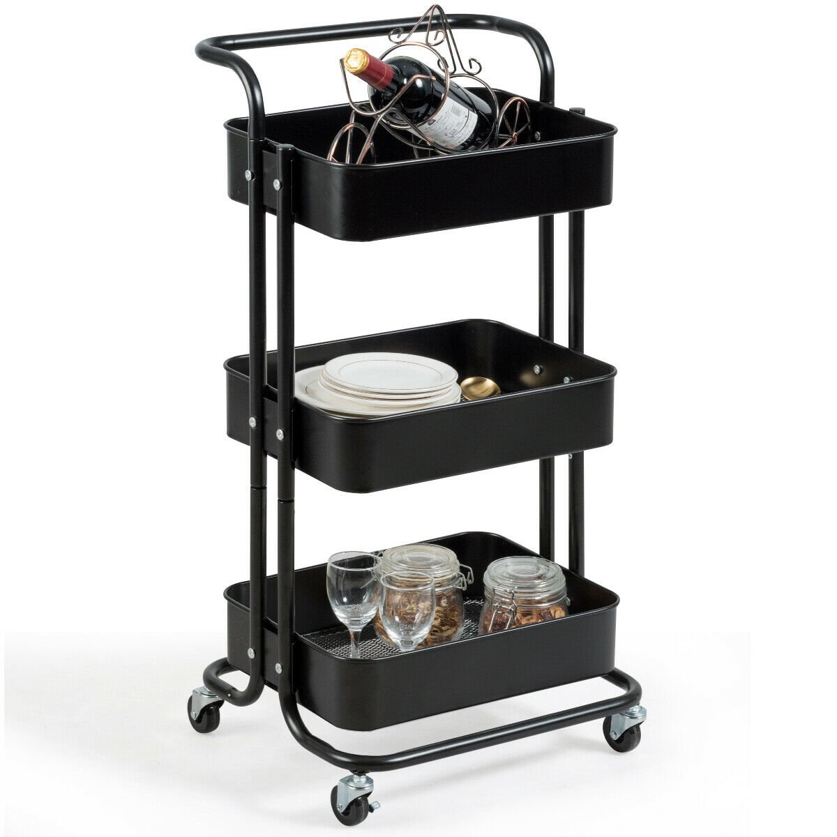 3-Tier Metal Rolling Storage Cart Trolley 2 Brakes with Handle, Black at Gallery Canada