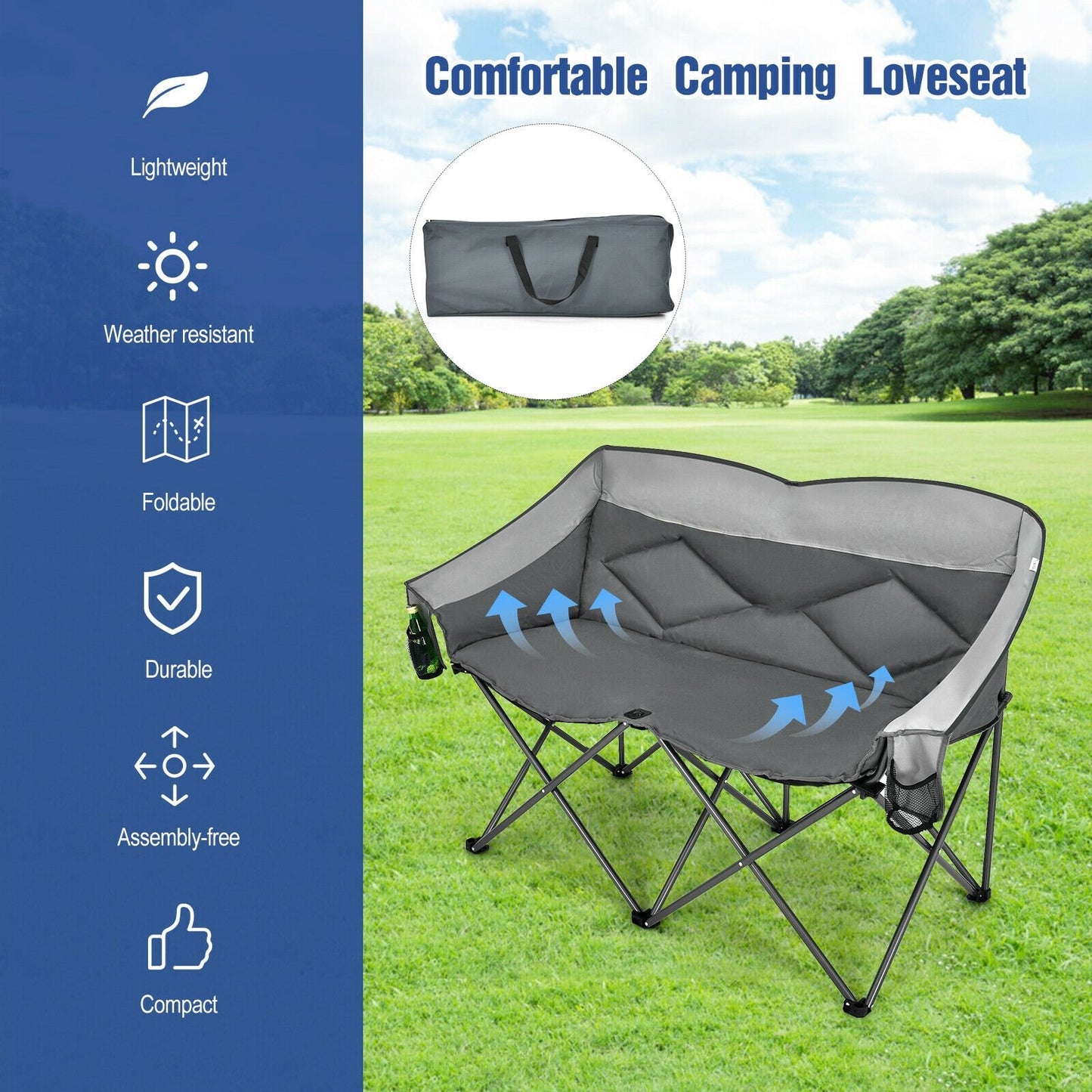 Folding Camping Chair with Bags and Padded Backrest, Gray - Gallery Canada
