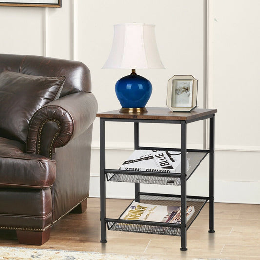 3-Tier Industrial End Table with Mesh Shelves and Adjustable Shelves, Rustic Brown - Gallery Canada