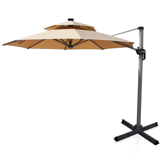 10 Feet 360° Rotation Aluminum Solar LED Patio Cantilever Umbrella without Weight Base, Beige - Gallery Canada