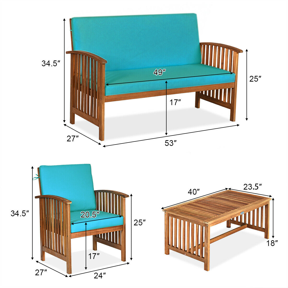 4 Piece Patio Solid Wood Furniture Set, Blue Patio Conversation Sets at Gallery Canada