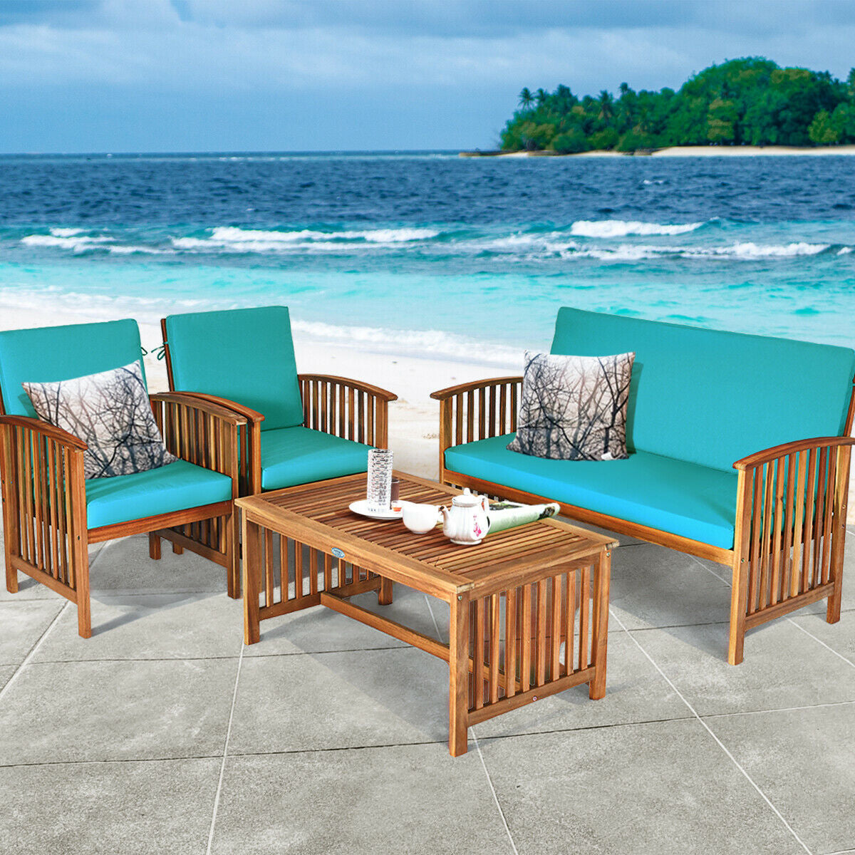 4 Pieces Patio Solid Wood Furniture Set, Blue Patio Conversation Sets at Gallery Canada