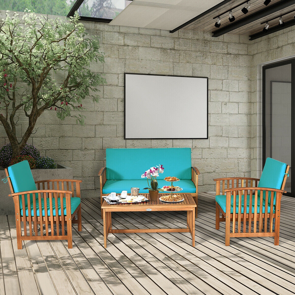 4 Pieces Patio Solid Wood Furniture Set, Blue Patio Conversation Sets at Gallery Canada