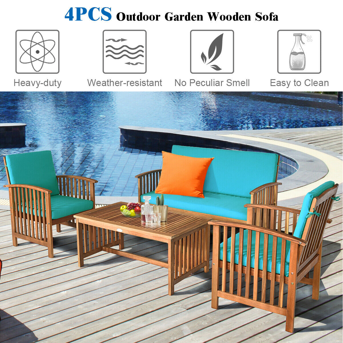 4 Pieces Patio Solid Wood Furniture Set, Blue Patio Conversation Sets at Gallery Canada