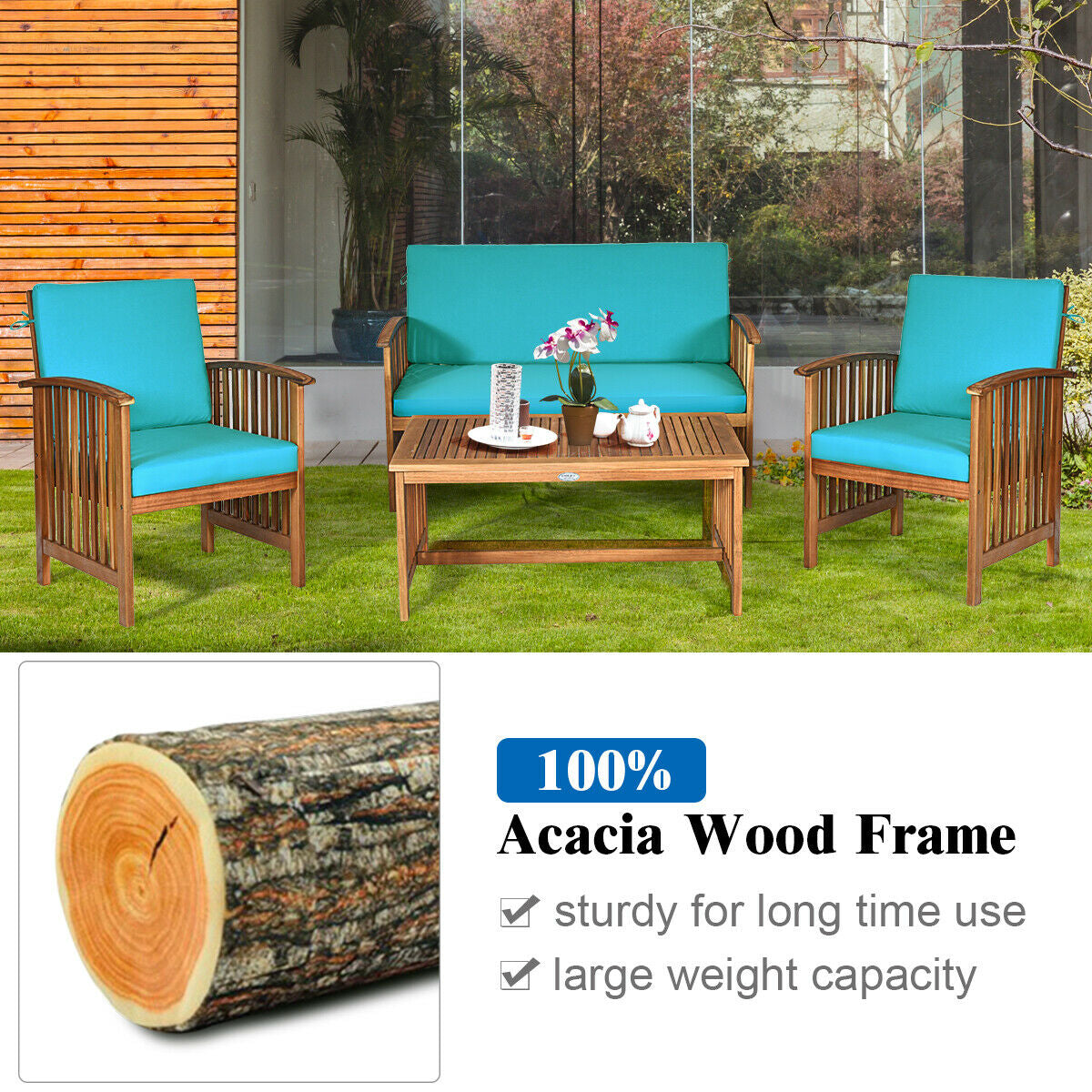 4 Pieces Patio Solid Wood Furniture Set, Blue Patio Conversation Sets at Gallery Canada