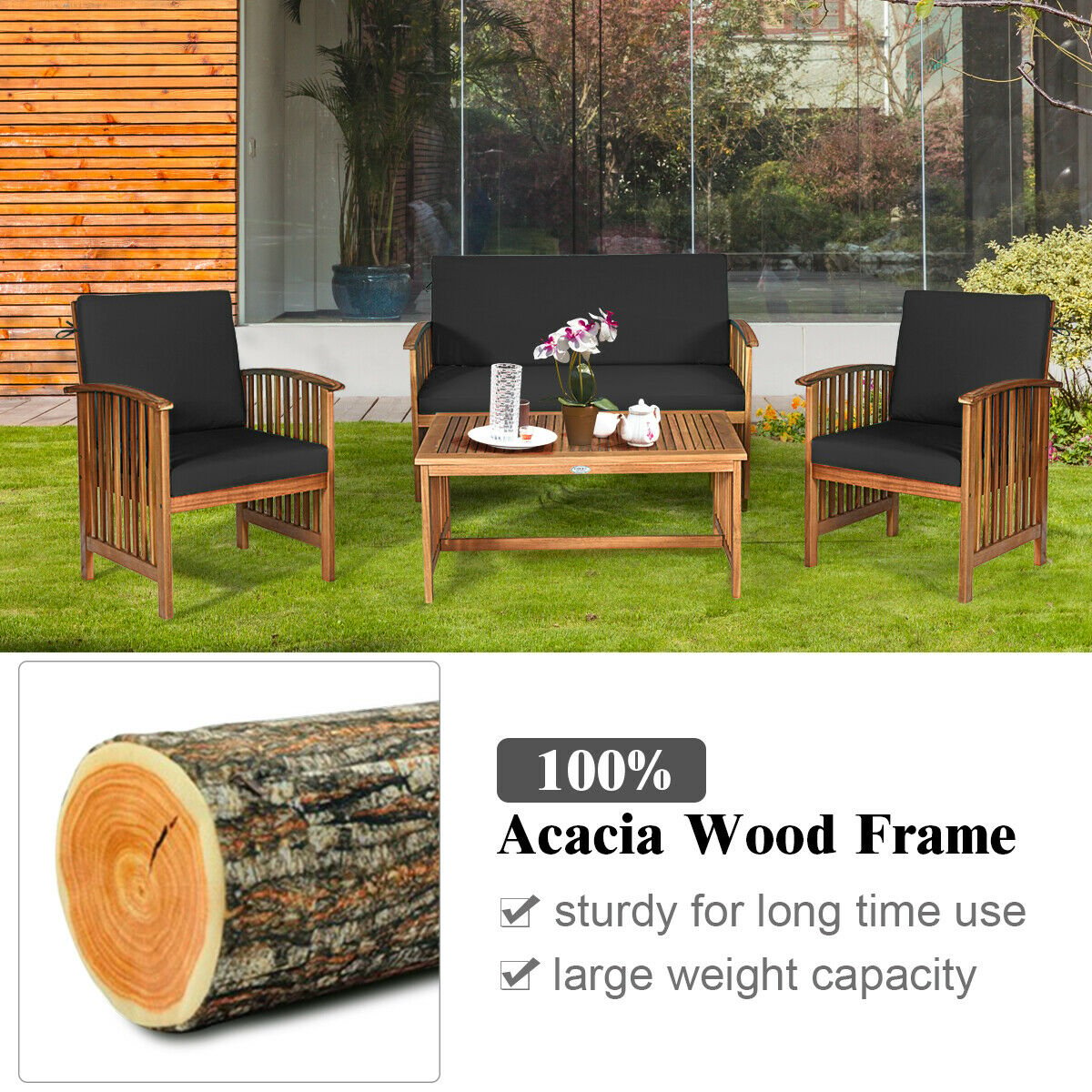 4PCS Patio Solid Wood Furniture Set, Black - Gallery Canada