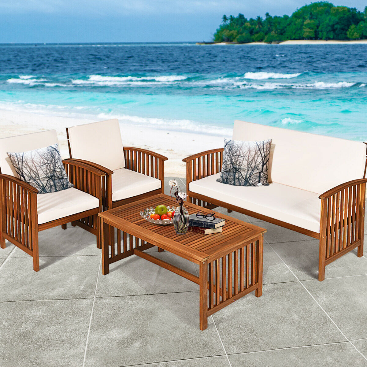 4PCS Patio Solid Wood Furniture Set, Beige Patio Conversation Sets at Gallery Canada