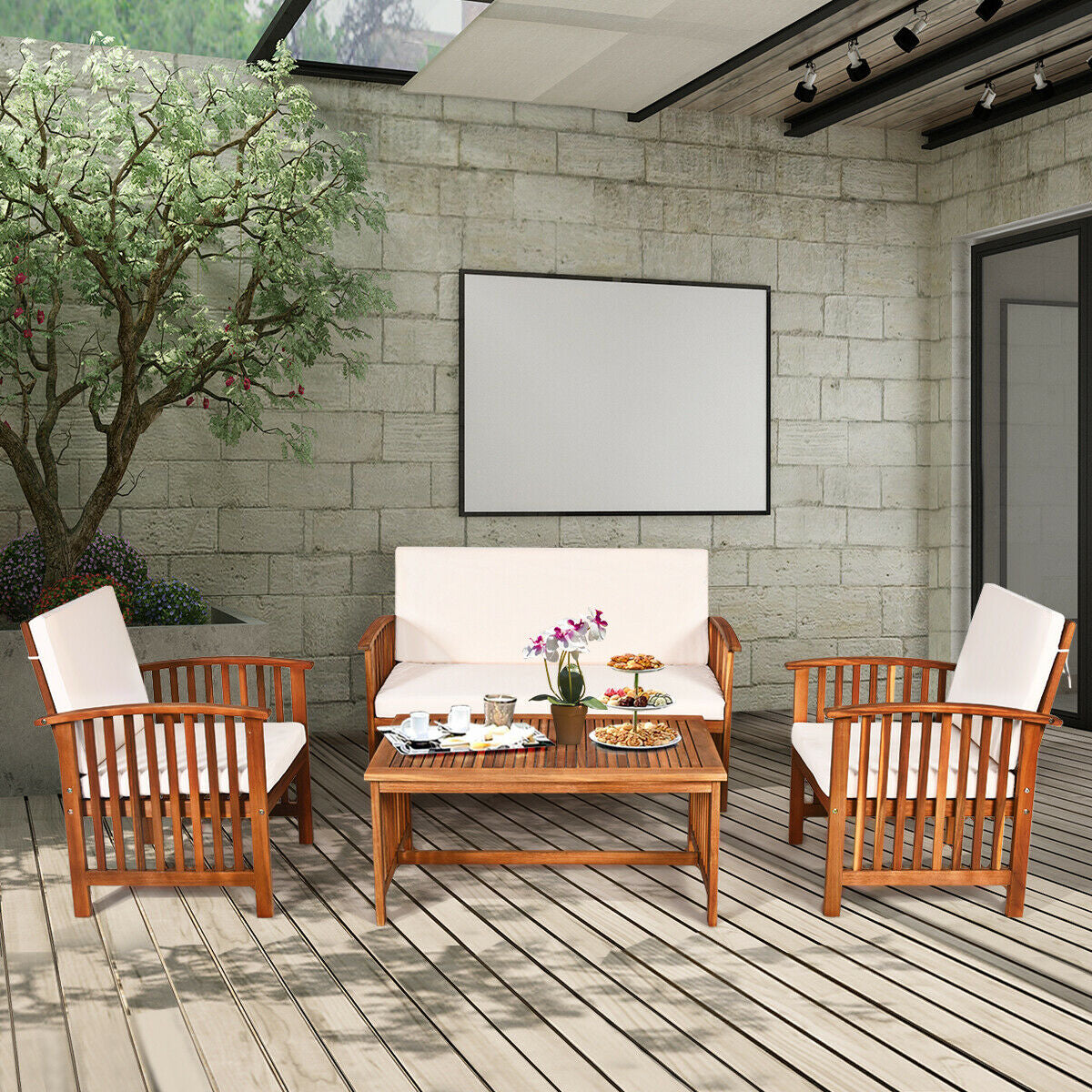 4PCS Patio Solid Wood Furniture Set, Beige Patio Conversation Sets at Gallery Canada
