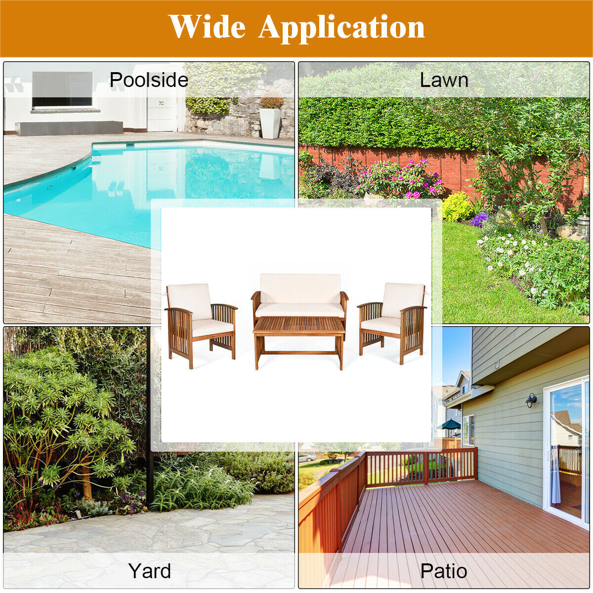 4PCS Patio Solid Wood Furniture Set, Beige Patio Conversation Sets at Gallery Canada