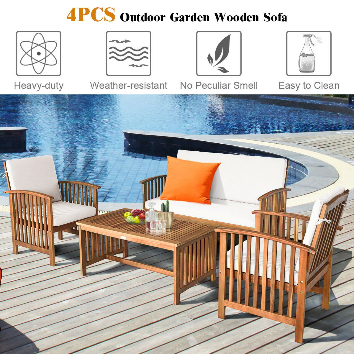 4PCS Patio Solid Wood Furniture Set, Beige - Gallery Canada