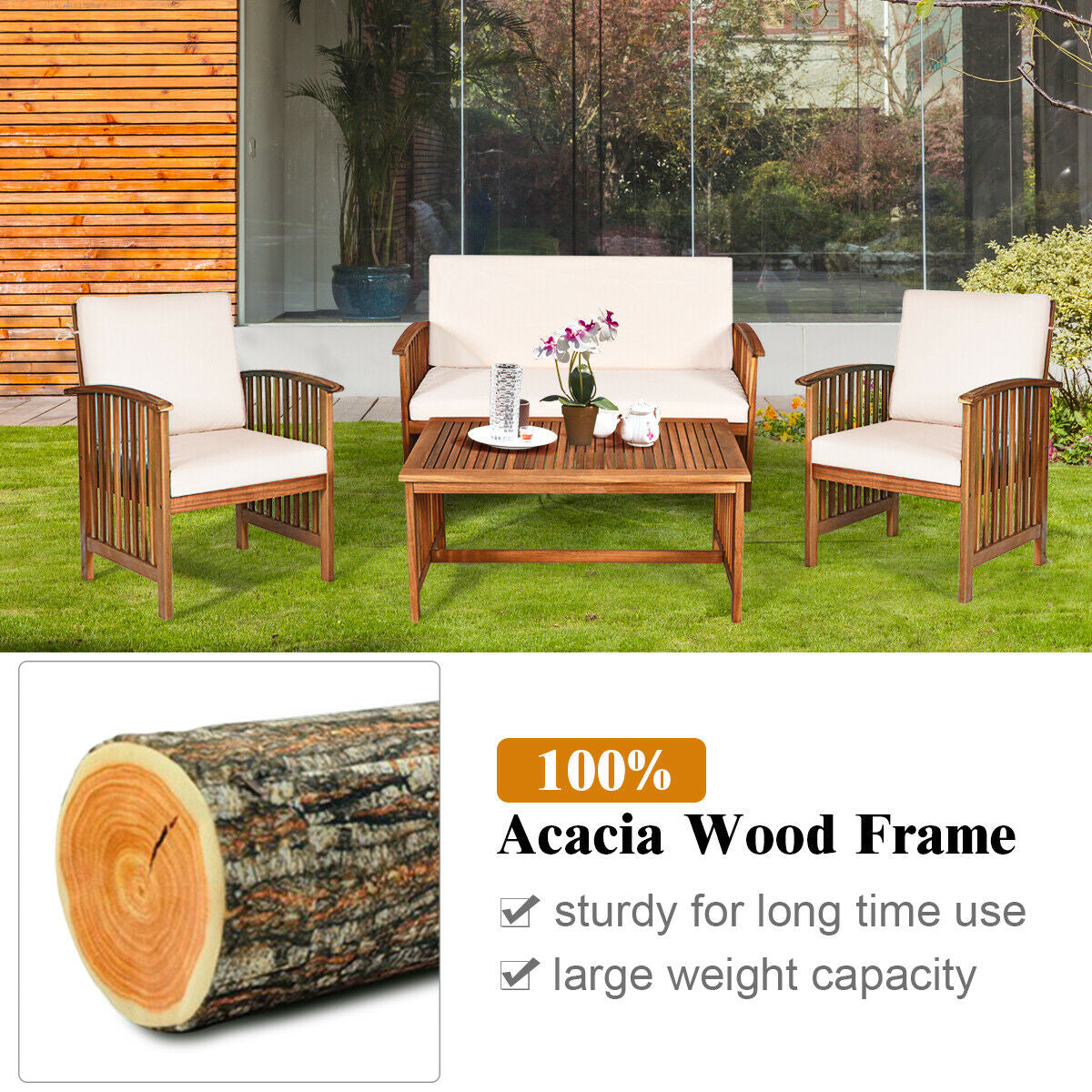 4PCS Patio Solid Wood Furniture Set, Beige Patio Conversation Sets at Gallery Canada