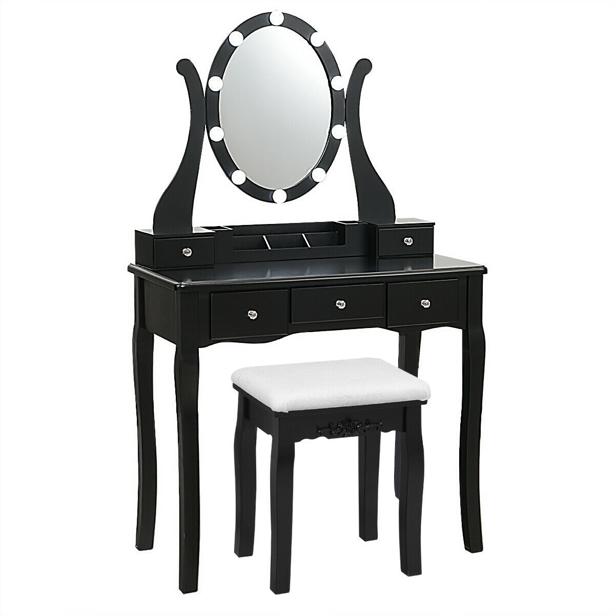 10 Dimmable Lights Vanity Table Set, Lighted Mirror, Cushioned Stool, Black Makeup Vanities Black at Gallery Canada