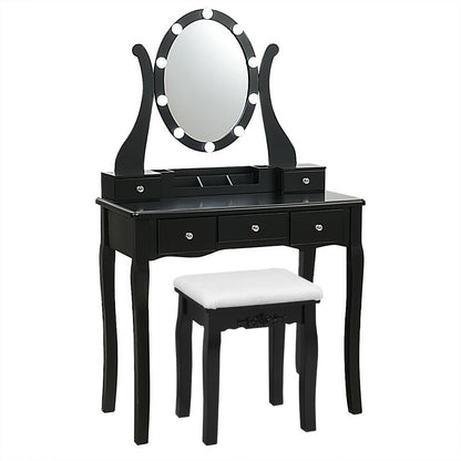 10 Dimmable Lights Vanity Table Set, Lighted Mirror, Cushioned Stool, Black Makeup Vanities Black at Gallery Canada
