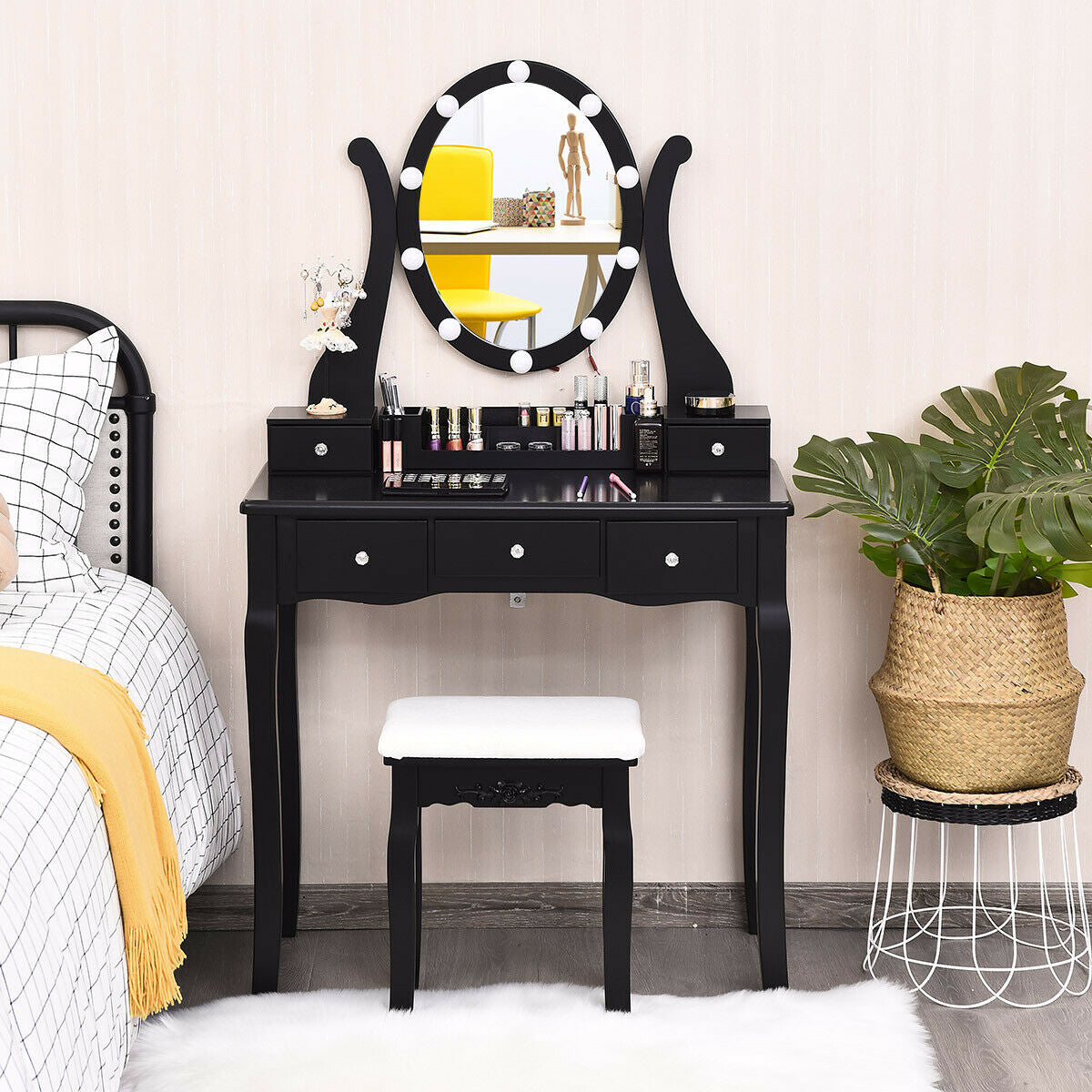 10 Dimmable Lights Vanity Table Set with Lighted Mirror and Cushioned Stool, Black Makeup Vanities at Gallery Canada