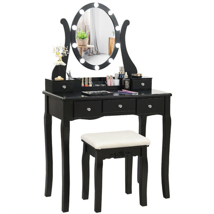 10 Dimmable Lights Vanity Table Set with Lighted Mirror and Cushioned Stool, Black Makeup Vanities at Gallery Canada
