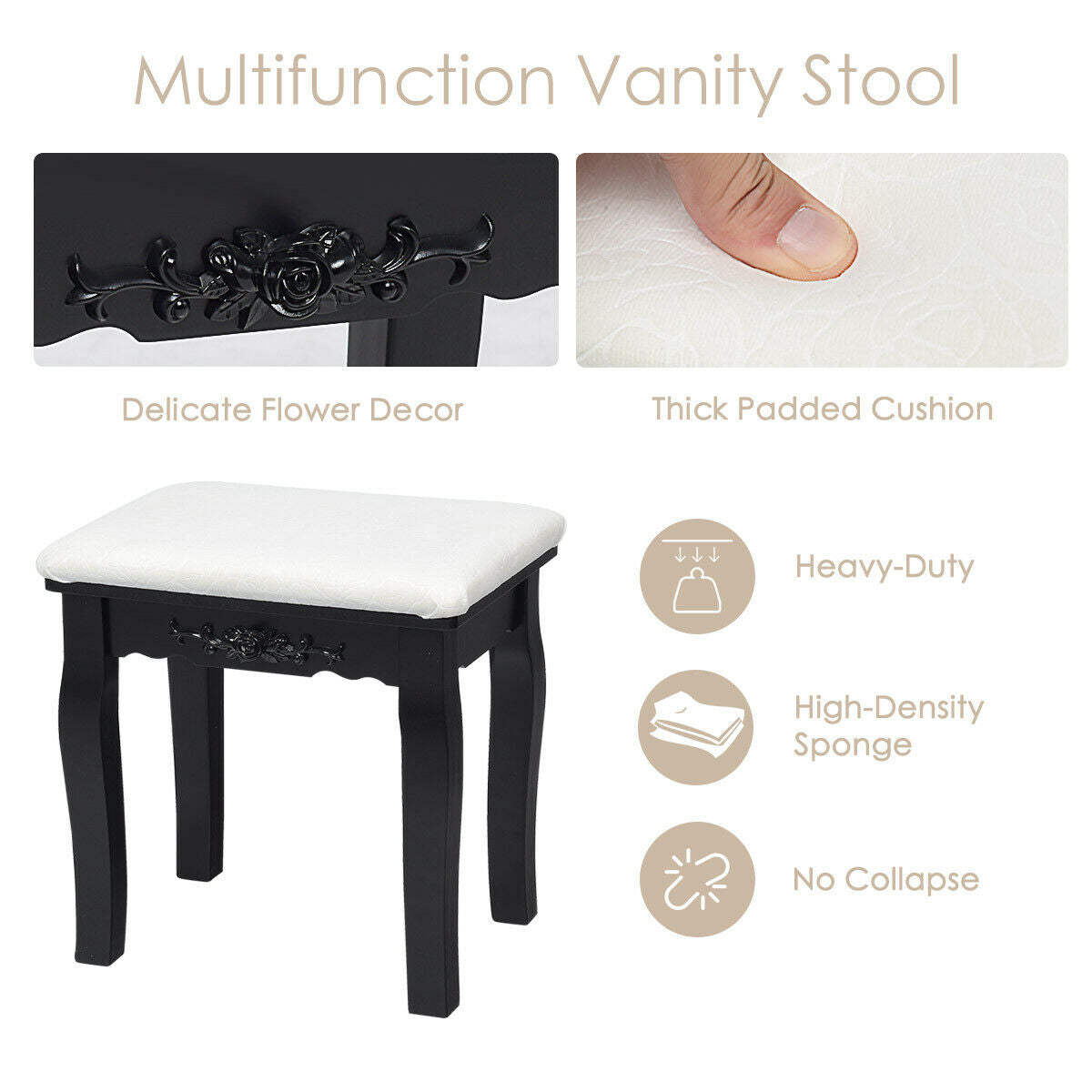 10 Dimmable Lights Vanity Table Set with Lighted Mirror and Cushioned Stool, Black Makeup Vanities at Gallery Canada