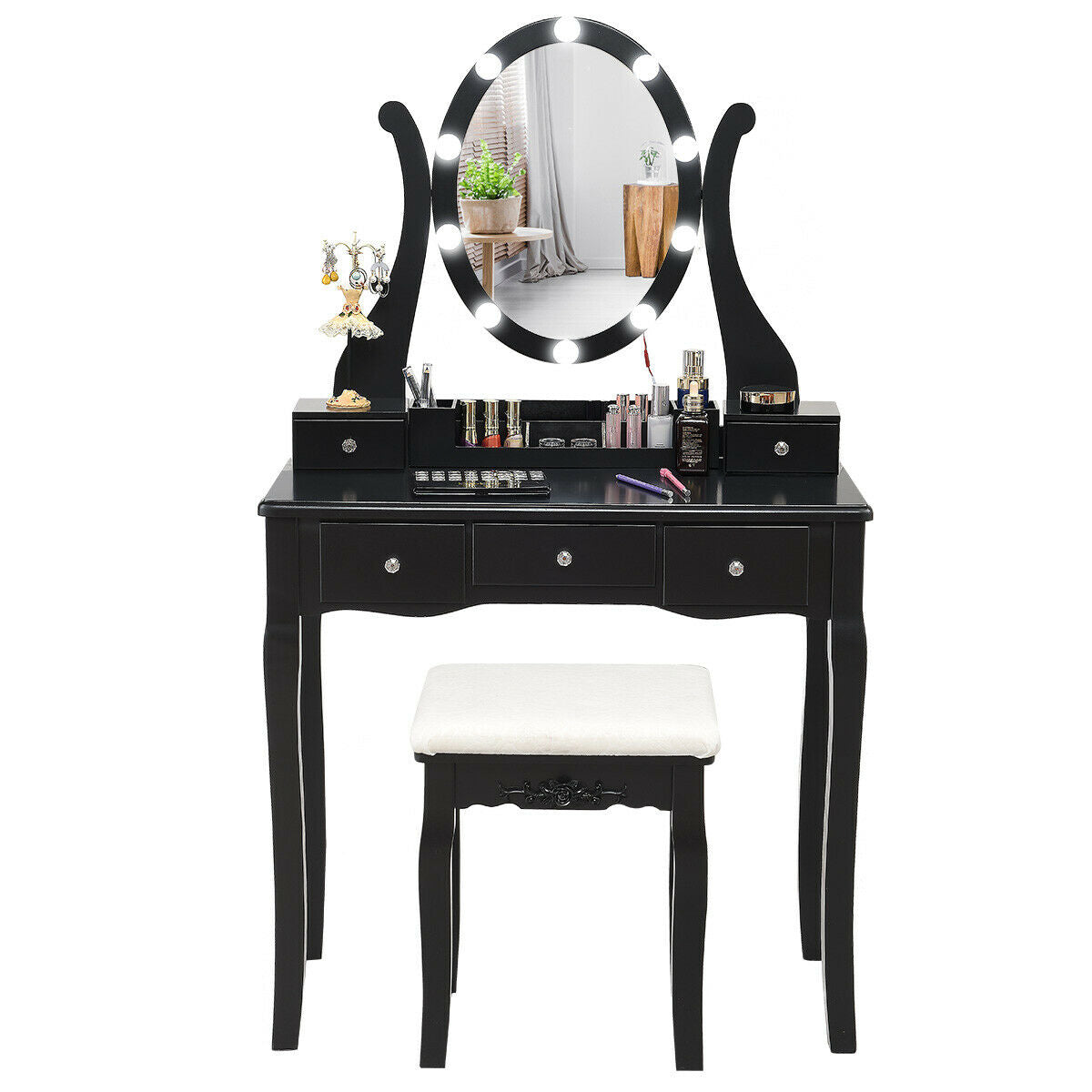 10 Dimmable Lights Vanity Table Set with Lighted Mirror and Cushioned Stool, Black Makeup Vanities at Gallery Canada