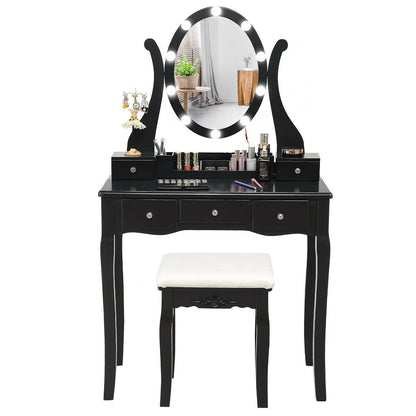 10 Dimmable Lights Vanity Table Set with Lighted Mirror and Cushioned Stool, Black Makeup Vanities at Gallery Canada