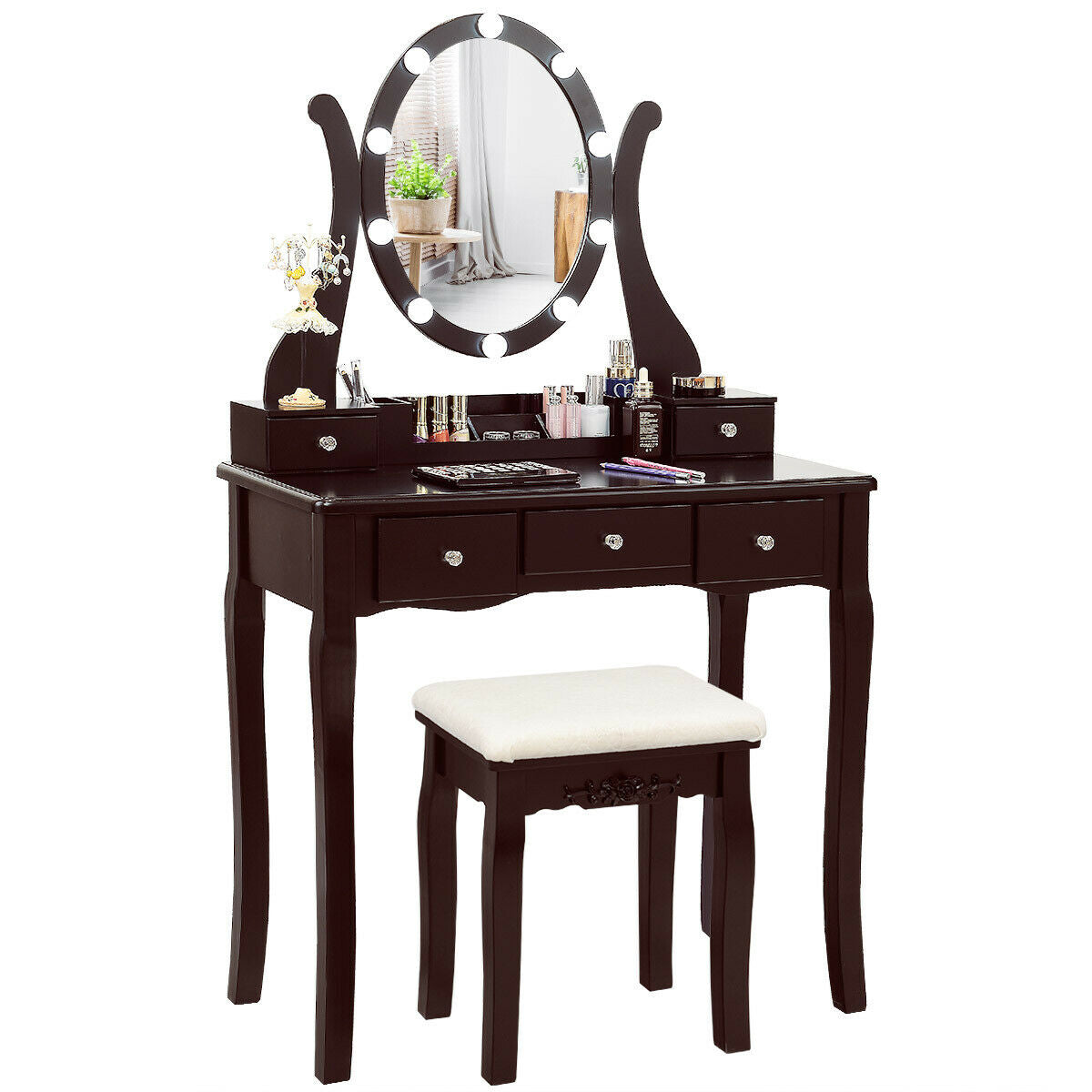 10 Dimmable Lights Vanity Table Set with Lighted Mirror and Cushioned Stool, Brown Makeup Vanities at Gallery Canada
