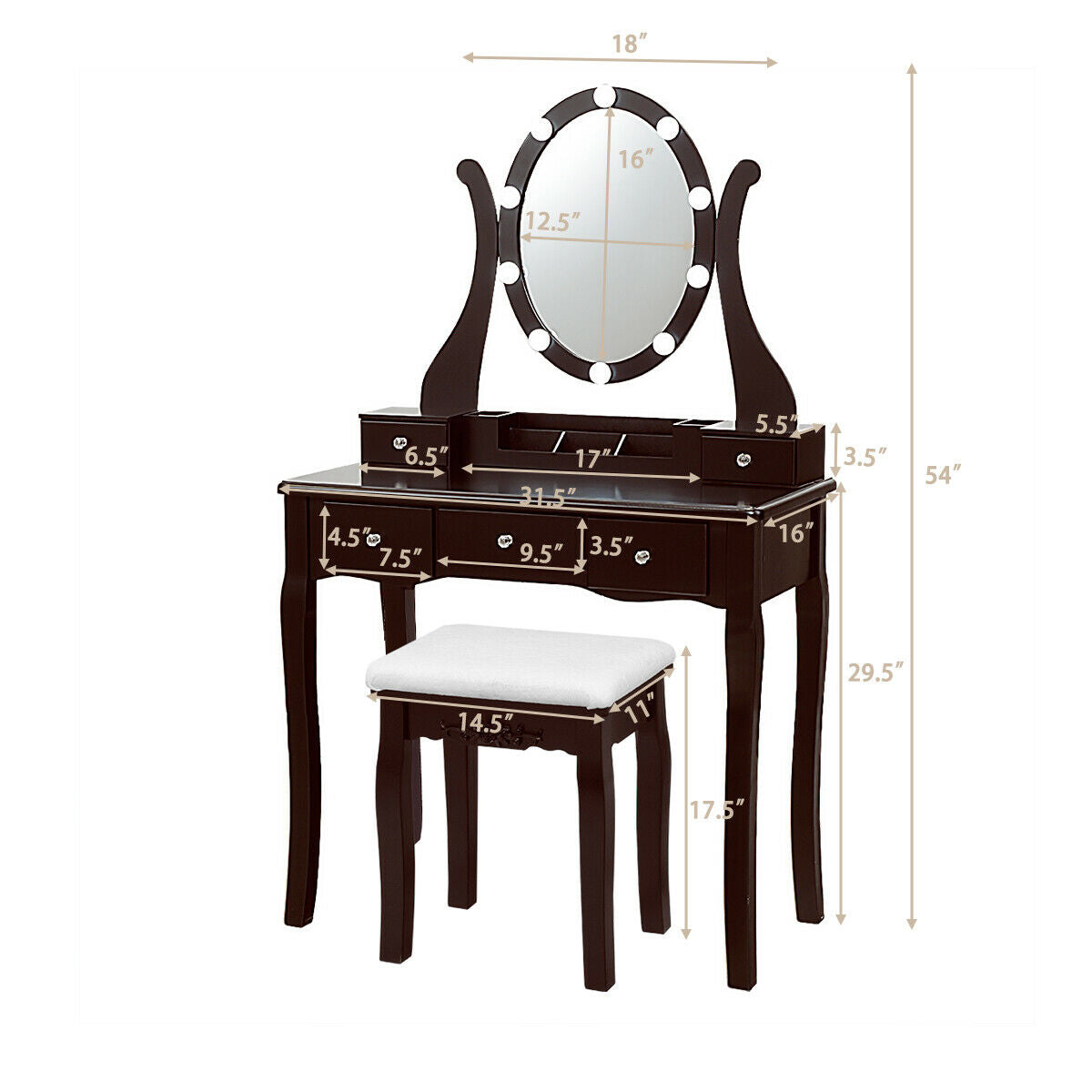 10 Dimmable Lights Vanity Table Set with Lighted Mirror and Cushioned Stool, Brown Makeup Vanities at Gallery Canada