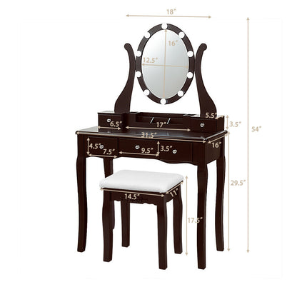 10 Dimmable Lights Vanity Table Set with Lighted Mirror and Cushioned Stool, Brown Makeup Vanities at Gallery Canada